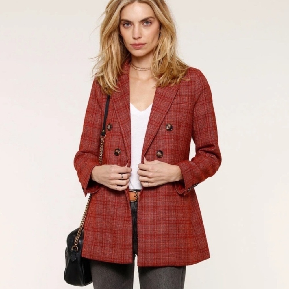 HEARTLOOM | Women's Red Plaid Double Breasted‎ Business Blazer Jacket, Size S
